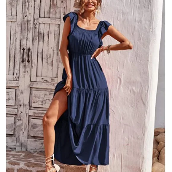 sachin and babi light blue dress Boho Ethnic Backless Thigh Boho Maxi Dress with Frill Trim for Women